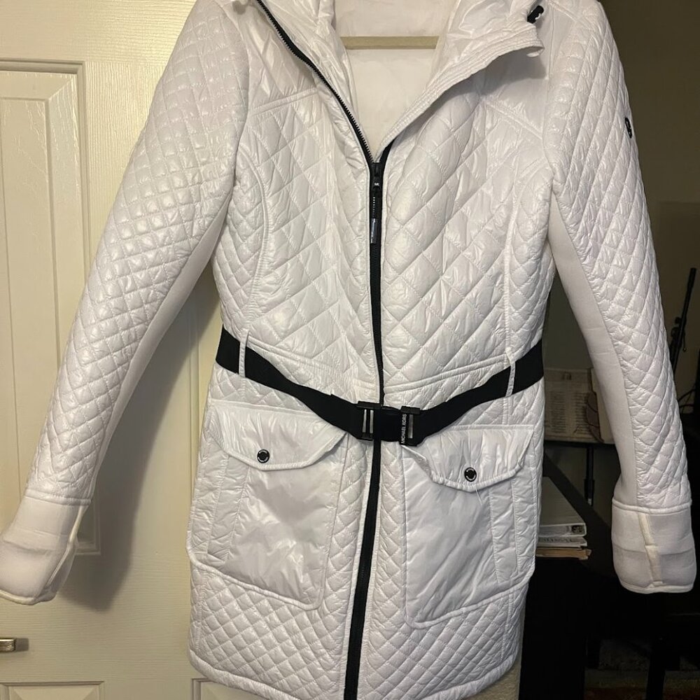 Michael Kors white bubble jacket with elastic waist belt
